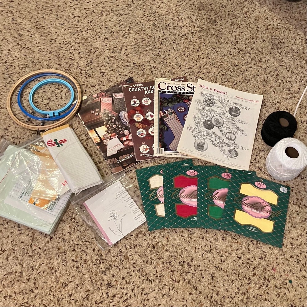 Vintage Cross Stitch Lot: Magazines Patterns Embroidery Hoops Aida Cloth Thread